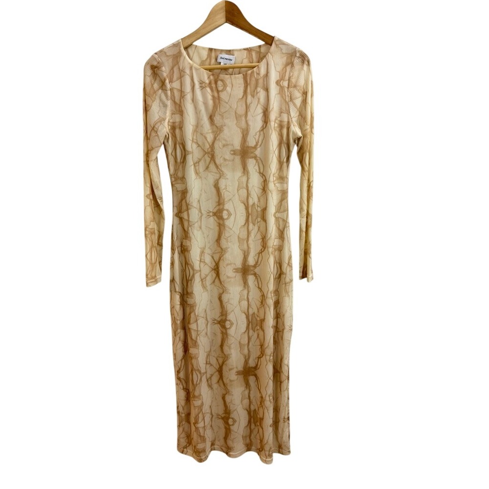 Find Me Now Haze Mesh Midi Dress Size M/L Beige Long Sleeve Ribbed Sheer